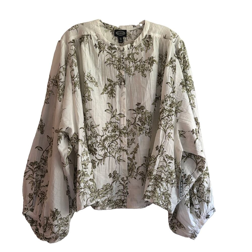 Scoop Blouse Womens XXL 20 NWT Toile Floral Blouson Balloon Sleeve Ivory Olive